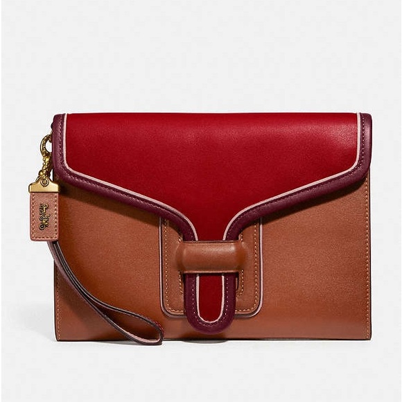 Coach Courier Wristlet In Colorblock Leather Brass/Red Apple Multi - Picture 3 of 9